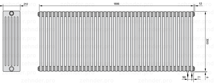 Схема (чертеж) Радиатор Zehnder Charleston 6300/41 №5510 Белый глянцевый RAL 9016